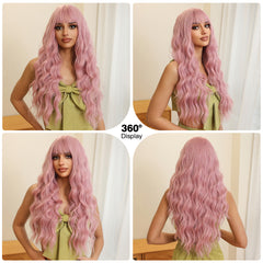 Pastel Pink with Bangs Long Wavy 26