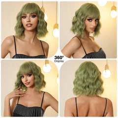 Green with Bangs Bob-Style Wavy 10