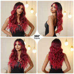 Ruby Red with Dark Roots Curtain Bangs Long Wavy 26