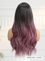 Dark Brown to Purple with Bangs Wavy Long 24