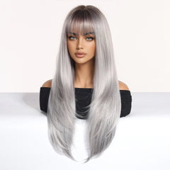 Silver with Brown Roots and Bangs Long Straight 28