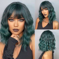 Teal - Wavy Bob with Bangs Medium 12