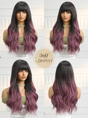Dark Brown to Purple with Bangs Wavy Long 24