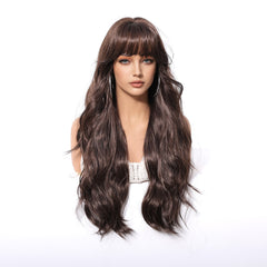 Dark Chocolate Brown with Wispy Bangs Long Waves 26