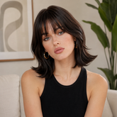 Dark Chocolate Brown Feathered Bob with Curtain Bangs 12