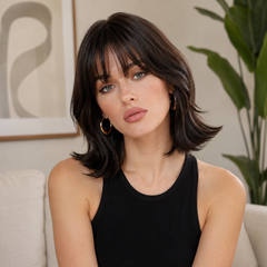 Dark Chocolate Brown Feathered Bob with Curtain Bangs 12