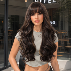 Dark Chocolate Brown with Bangs Long Curls 24