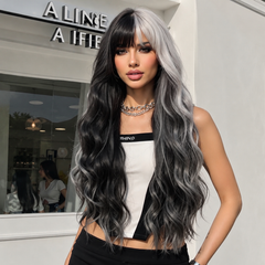 Half Black Half Silver Grey with Bangs Long Waves 30