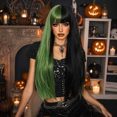 Half Forest Green Half Black Straight with Bangs 26