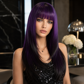 Black Purple Long Straight with Bangs 24