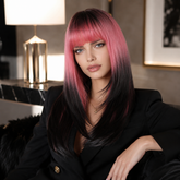 Black Root Rose Pink Long Straight with Bangs 24