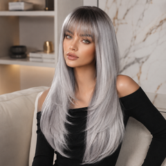 Silver Grey Long Layered with Bangs 28