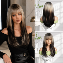 Smoky Ash Blonde with Dark Espresso Underlayer Straight with Bangs 21