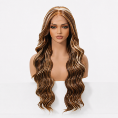 LaceFront Chocolate Brown with Beige Blonde Highlights Soft Waves 28