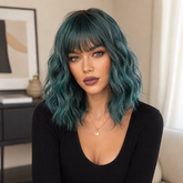 Deep Teal Medium Wavy Bob with Bangs 12