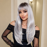 Silver with Brown Roots and Bangs Long Straight 28