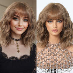 Ash blonde brown with Bangs Wavy Bob 12