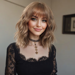 Ash blonde brown with Bangs Wavy Bob 12