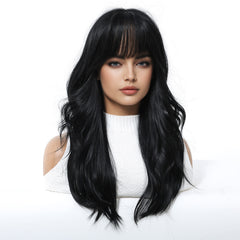 Midnight Elegance Long Wavy Wig with Wispy Bangs 20