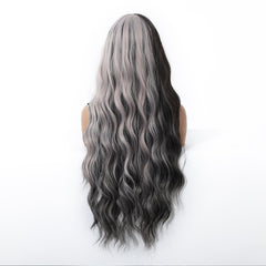 Half Black Half Silver Grey with Bangs Long Waves 30