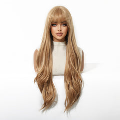 Golden Honey Blonde Long Wavy Wig with Wispy Bangs 30