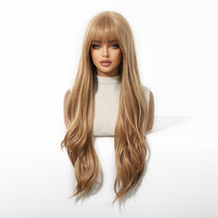 Golden Honey Blonde Long Wavy Wig with Wispy Bangs 30