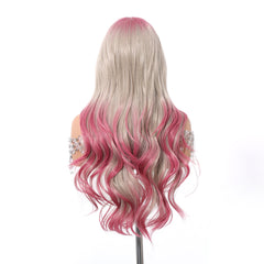 Silvery Blonde with Pink Top and End Long Curly 24