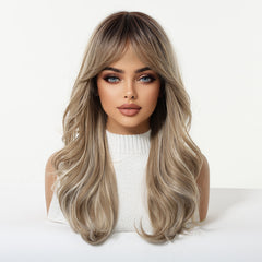Beige Blonde Balayage Waves Wig with Airy Bangs 20