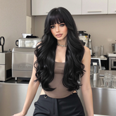 Jet Black Long Layered Waves with Bangs 24