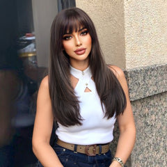 Brown with Bangs Straight Long 22