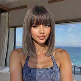 Ash Brown Straight Bob with Bangs 12