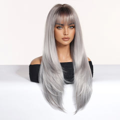 Silver with Brown Roots and Bangs Long Straight 28