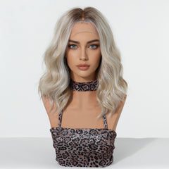 LaceFront Creamy Ash Blonde with Dark Roots Wavy 14