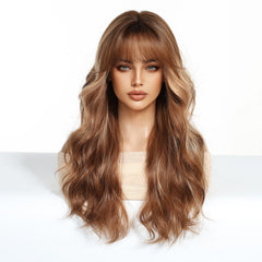 Caramel Brown Highlight Long Layered Wavy with Bangs 24