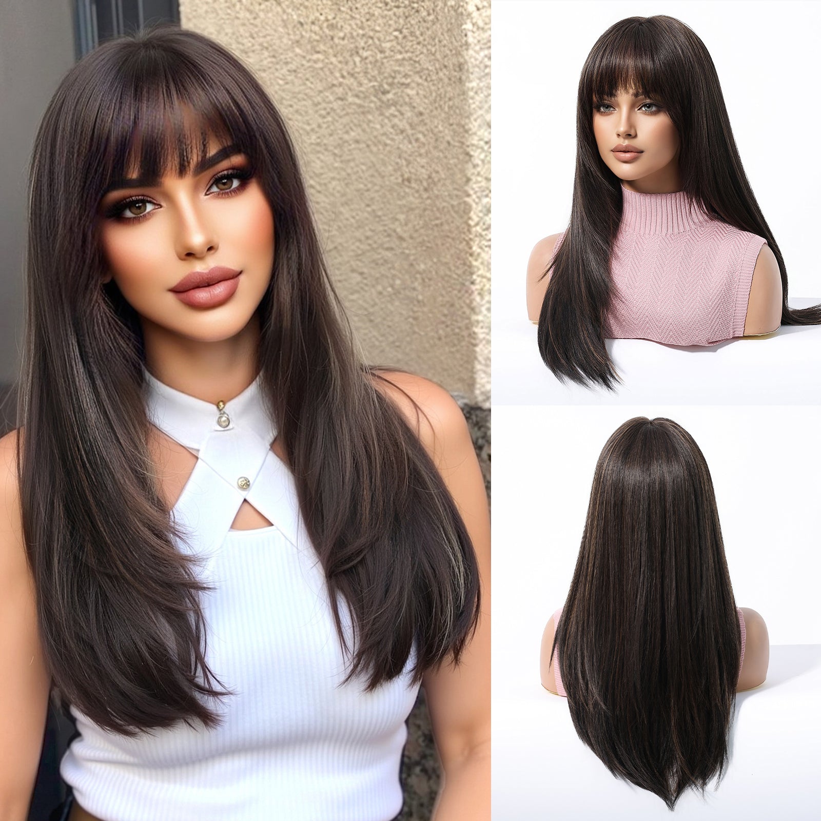 Brown with Bangs Straight Long 22