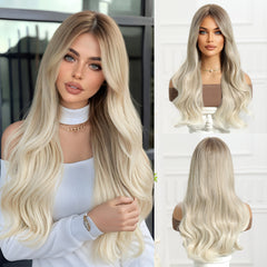 Platinum Blonde with Brown Roots and Curtain Bangs Long Curly 26