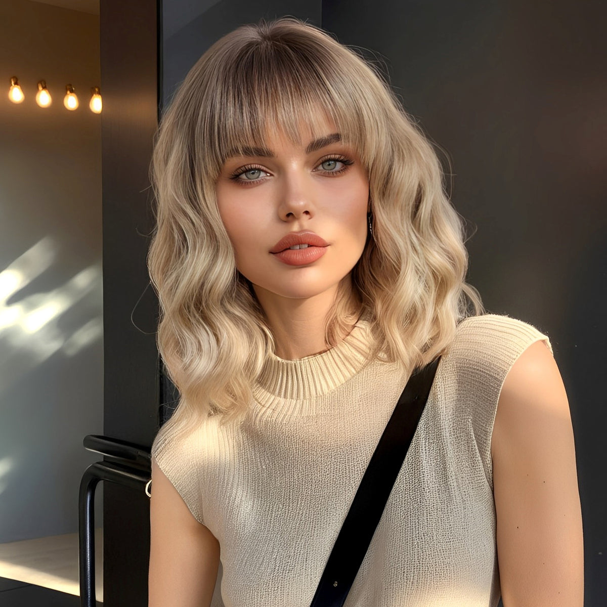 Brown Roots to Sandy Brown Bob-Style Wavy 12