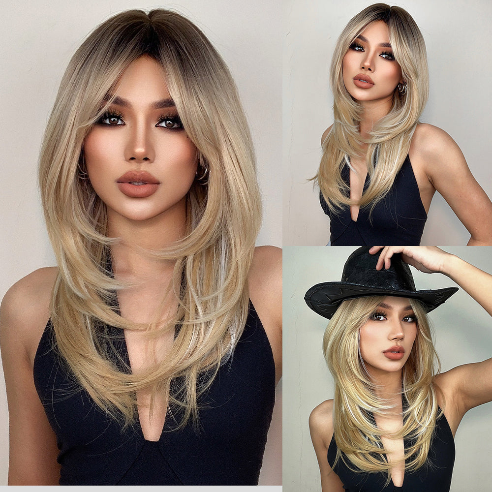Ash Blonde with Dark Roots and Curtain Bangs Long Curly 20