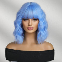 Pastel Blue Wavy Bob with Full Bangs 12