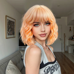Cream Blonde & Peach Orange Wavy Bob with Curtain Bangs 12