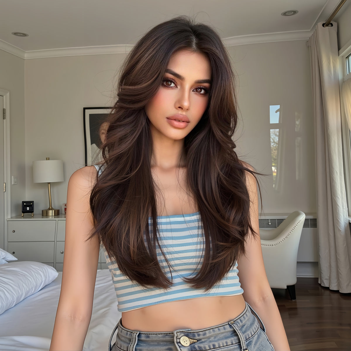 LaceFront Chocolate Brown Long Layered Waves 20