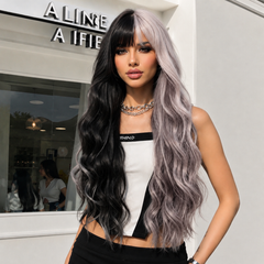 Half Black Half Silver Grey with Bangs Long Waves 30