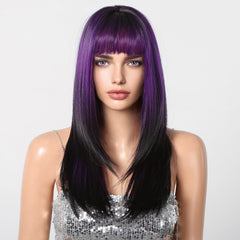 Black Purple Long Straight with Bangs 24