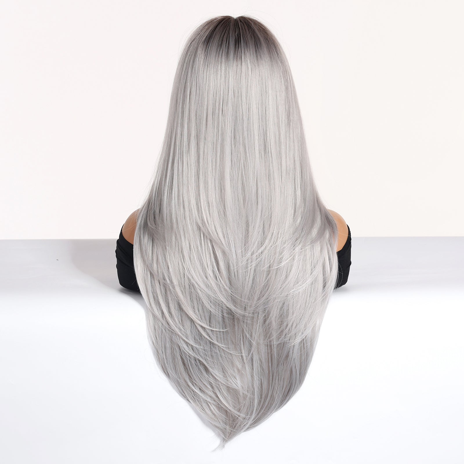 Silver with Brown Roots and Bangs Long Straight 28