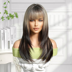 Smoky Ash Blonde with Dark Espresso Underlayer Straight with Bangs 21