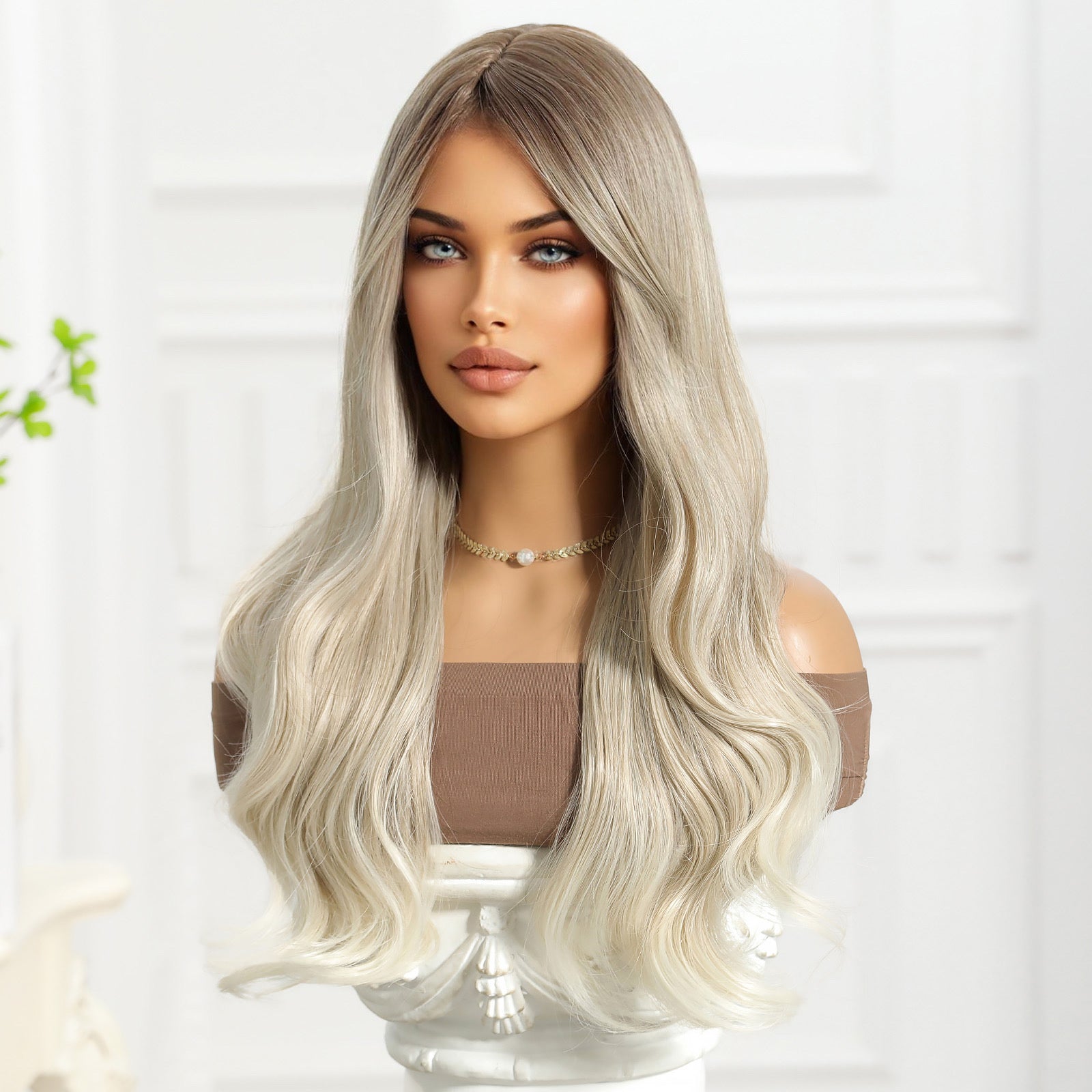Platinum Blonde with Brown Roots and Curtain Bangs Long Curly 26