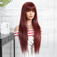 Wine Red - Straight with bangs Long 28