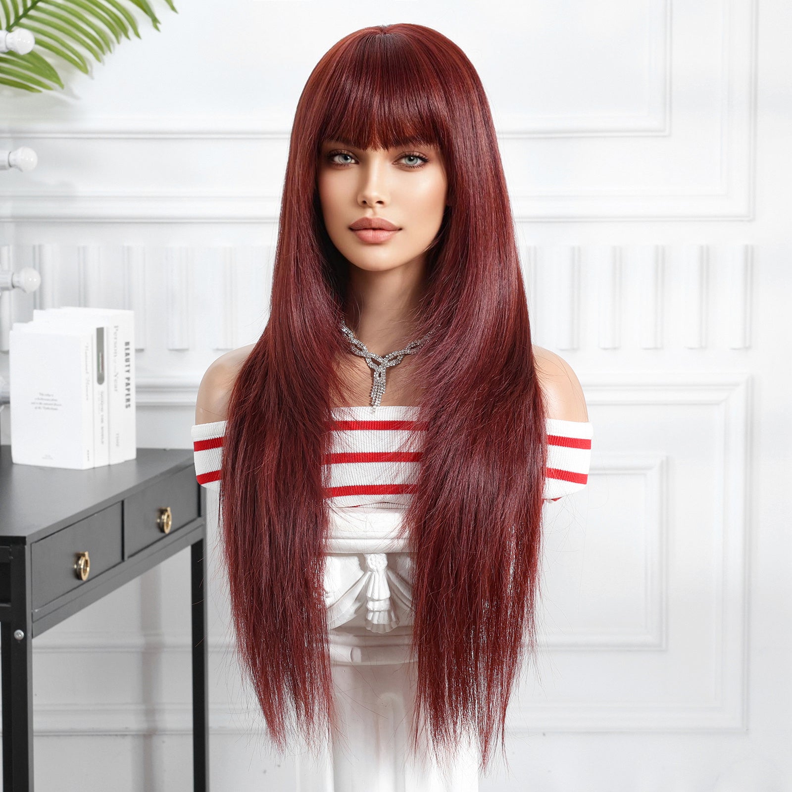 Wine Red - Straight with bangs Long 28
