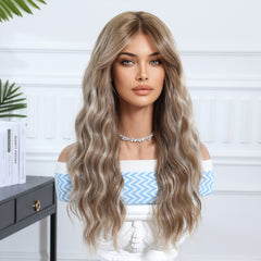 Ash Blonde with Bangs Long Wavy 24