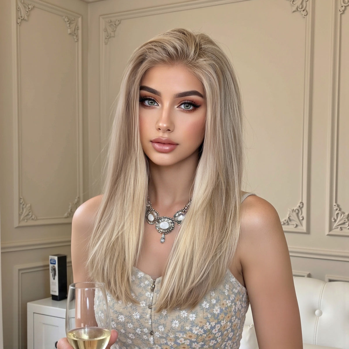 AuraTress 100% Human Hair Champagne Blonde with Blended Highlights Long Straight 16